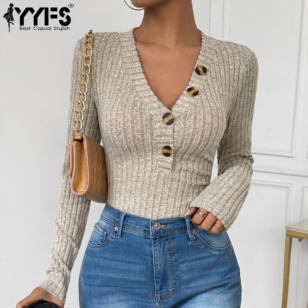 YYFS Women's Fashion Casual Fall Winter Solid Color Print Long Sleeve V-Neck Pullovers & Long Sleeves