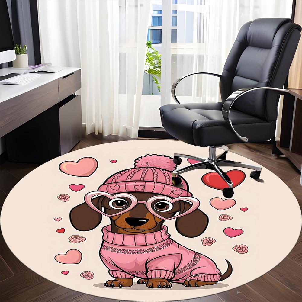 1PC Dachshund Hearts Office Round Area Rug, Mat Suitable For Office, Under Office Chairs Bedroom Living Room Home Decor, Room Deco