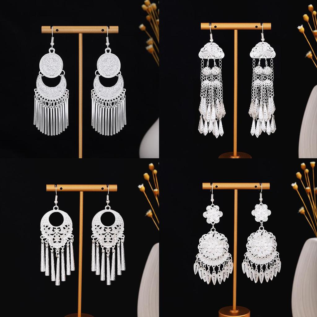 Miao Silver Tassel Earrings: Ethnic Style, Fashionable Exaggeration, Light Luxury Design