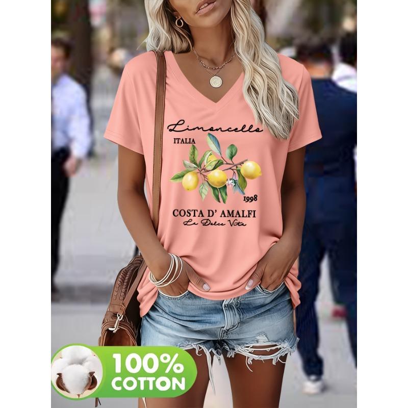 Lemon Branch Pattern Print Spring and Summer 100% Fashionable Women's Heavy V-neck Short-sleeved T-shirt