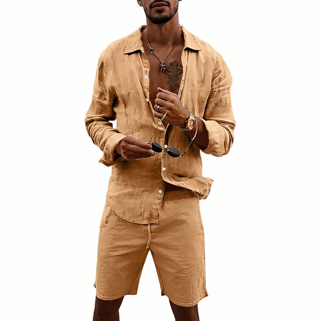 Men's Cotton And Linen Casual Long-Sleeve And Shorts Set