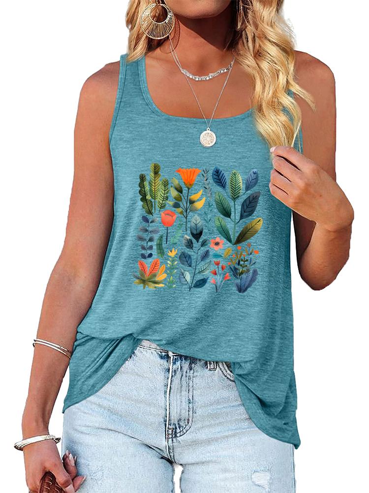 Women Fashion Printed Tank Top Summer Casual Round Neck Sleeveless Shirt