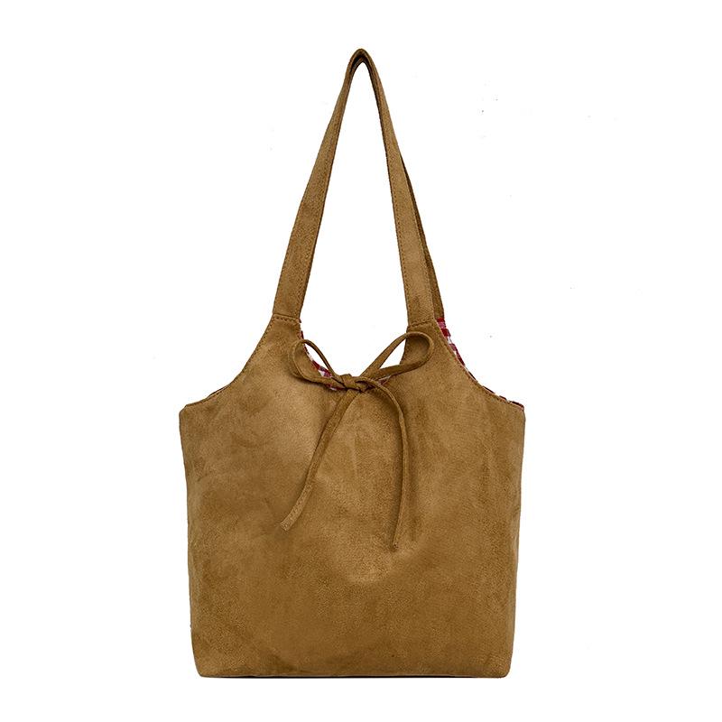 

Plaid Suede Shoulder Tote: Versatile Retro Korean Style Large Capacity Commuter Handbag for Women хаки