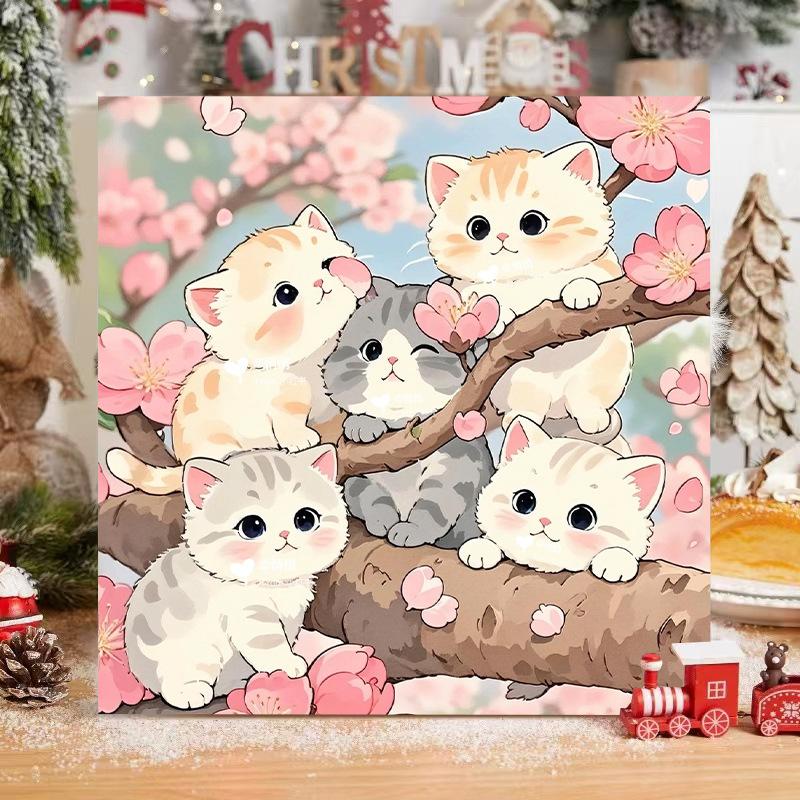 DIY Paint By Numbers Kit Cute Kittens On Tree Branches 20x20cm Canvas Art Set for Home Wall Decoration and Crafting