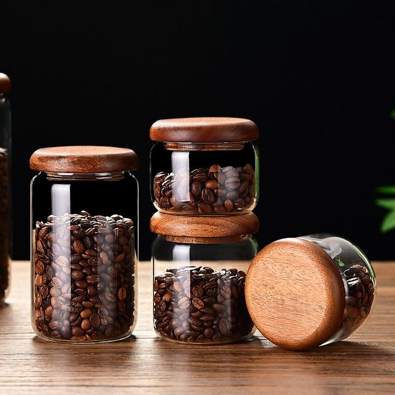 Borcan Ermetic din Sticlă cu Capac din Lemn pentru Ceai de Flori, Bomboane și Cafea Borcan de Depozitare pentru Bucătărie