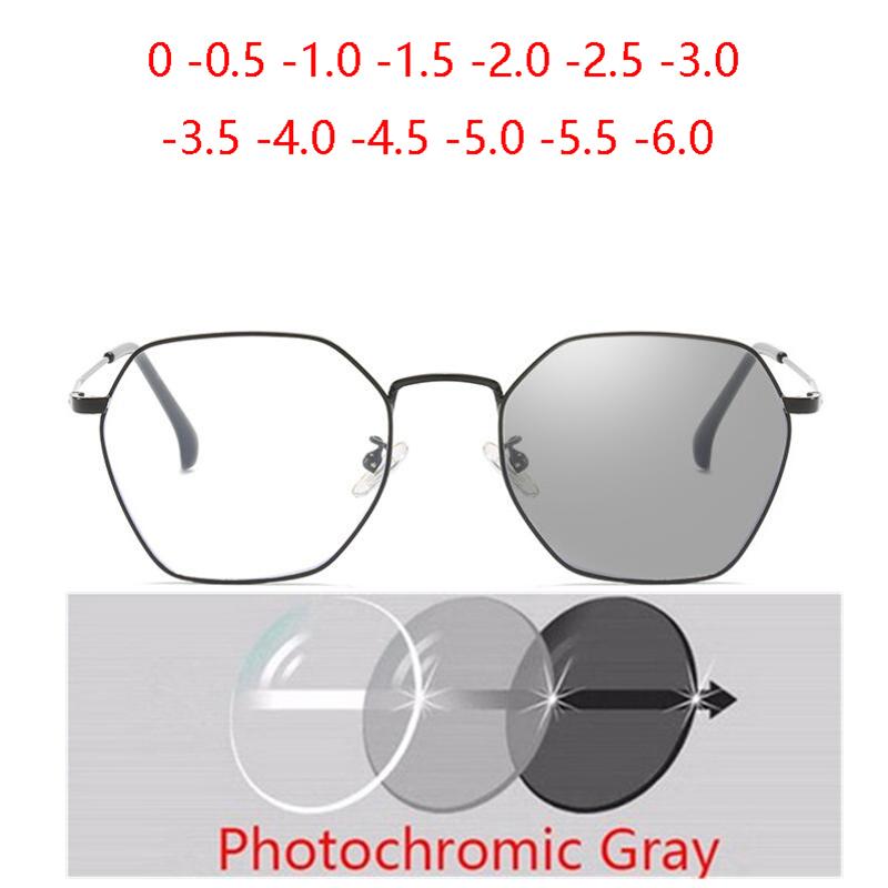 Literature Retro Polygonal Photochromic With Prescription Eyeglasses Female Anti-blue Light Myopia Eyewear Male 0 -0.5 -1.0 Up To -6
