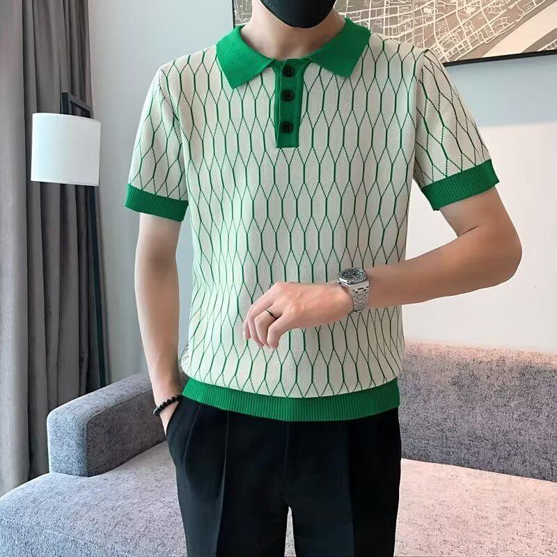 Men's Korean Slim Fit Contrast Ice Silk Polo Shirt - Short Sleeve, Cool, Handsome Lapel Design