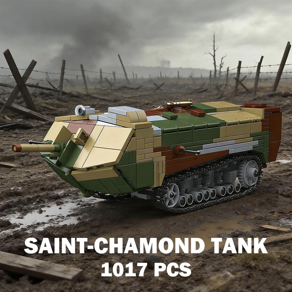 1:35 Měřítko MOC WW1 Vojenský Francouzský Saint Chamond Tank Model Stavebnice Druhá světová válka Armáda Těžký Tank Kostky Hračka pro Děti Dárek