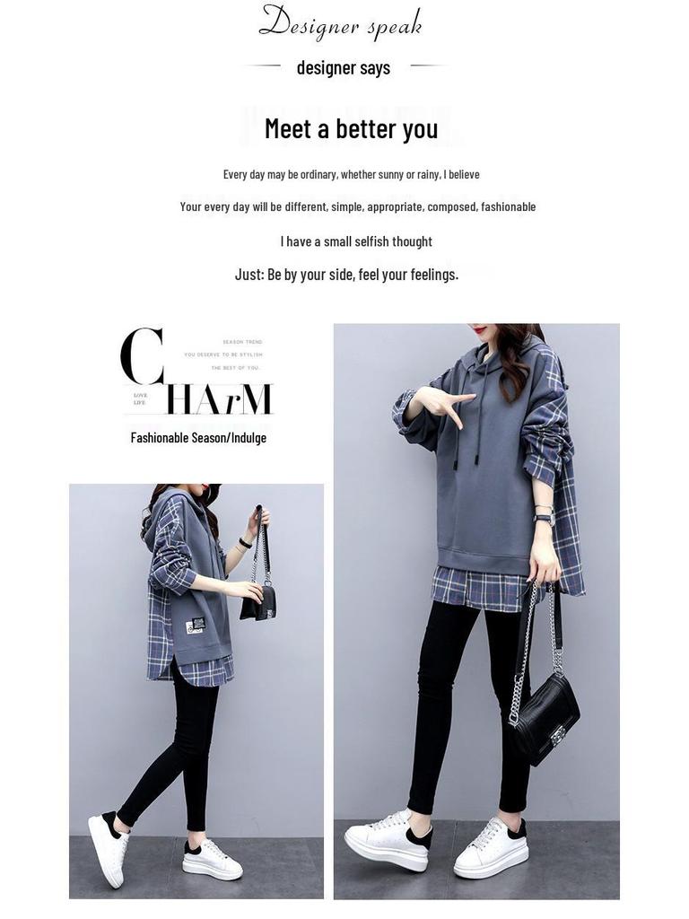 6535 Cotton Women's Fake Two-Piece Hooded Sweatshirt, Korean Style, Loose Fit, Spring/Autumn 2022 Trend.