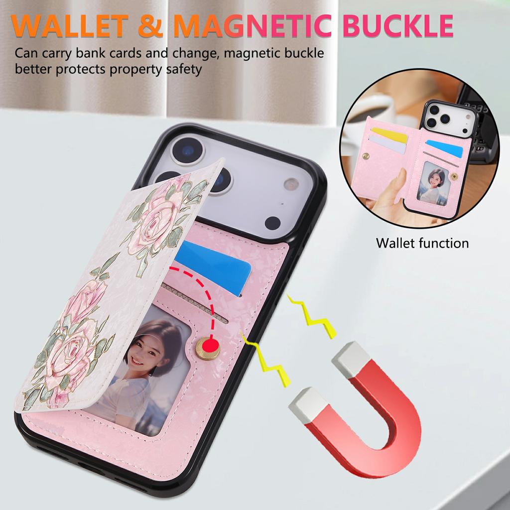 For iPhone 17 Pro Case Flower Leather TPU RFID Blocking Phone Cover Card Slots