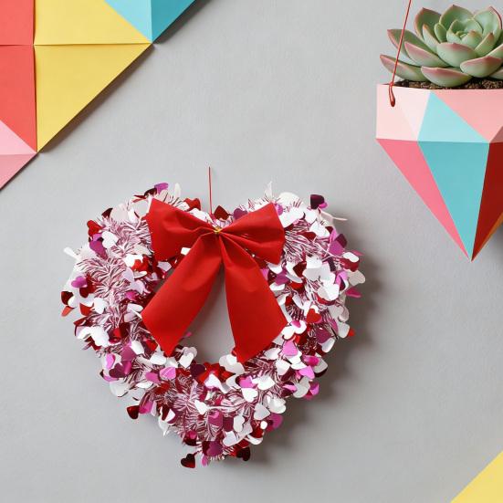 Lametta Herzförmiger Kranz mit Schleife für Haustür Valentinstag Rot Rosa Herzkranz