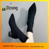Botines de calcetín de punto negros de punta para mujer con tacón bajo y grueso - Nuevo Otoño/Invierno 2024 Ajuste ceñido elástico