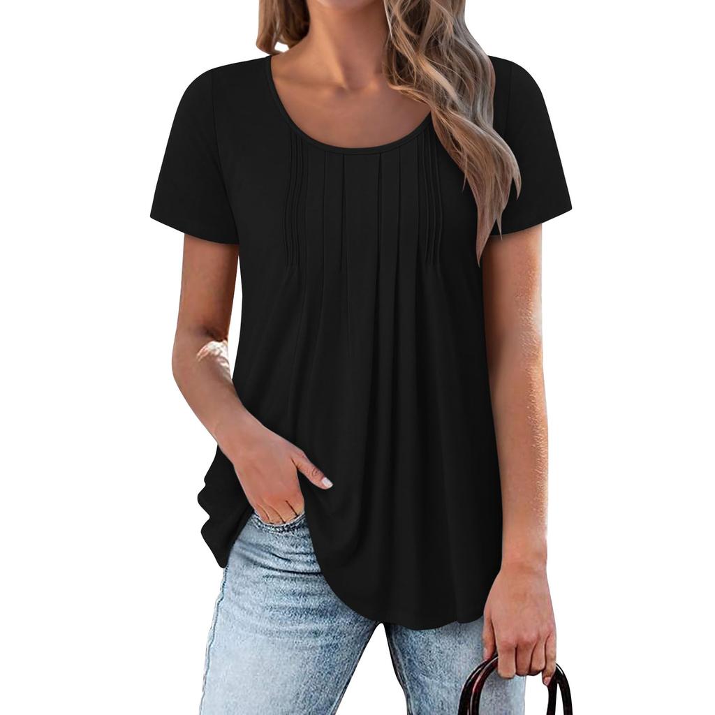 Womens Flowy Tunic Tops Short Sleeve Shirts Round Neck Ladies Blouses Summer Fashon