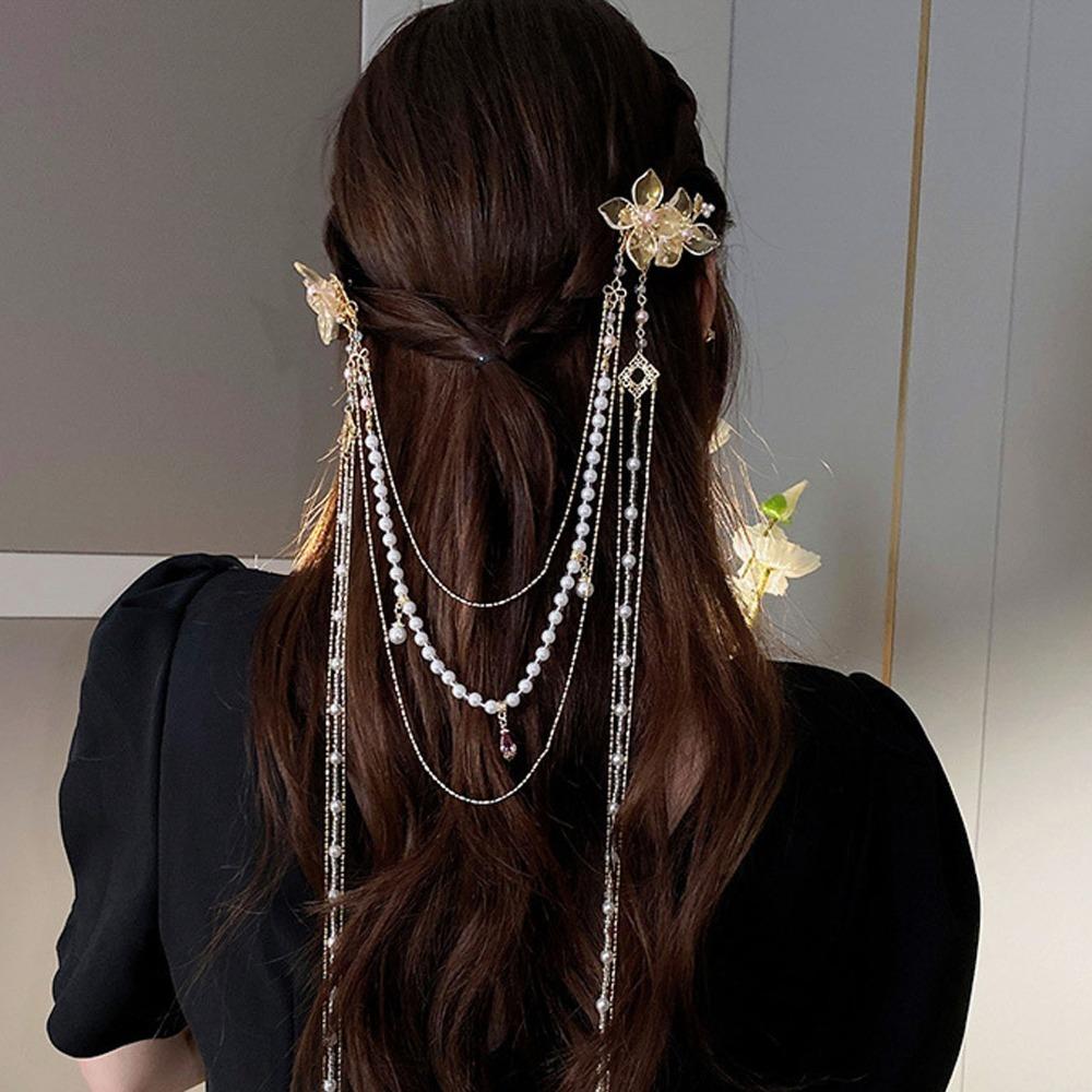 Gold Color Artificial Pearls Hair Clip Long Tassel Tassel Hair Accessory Everyday Wear