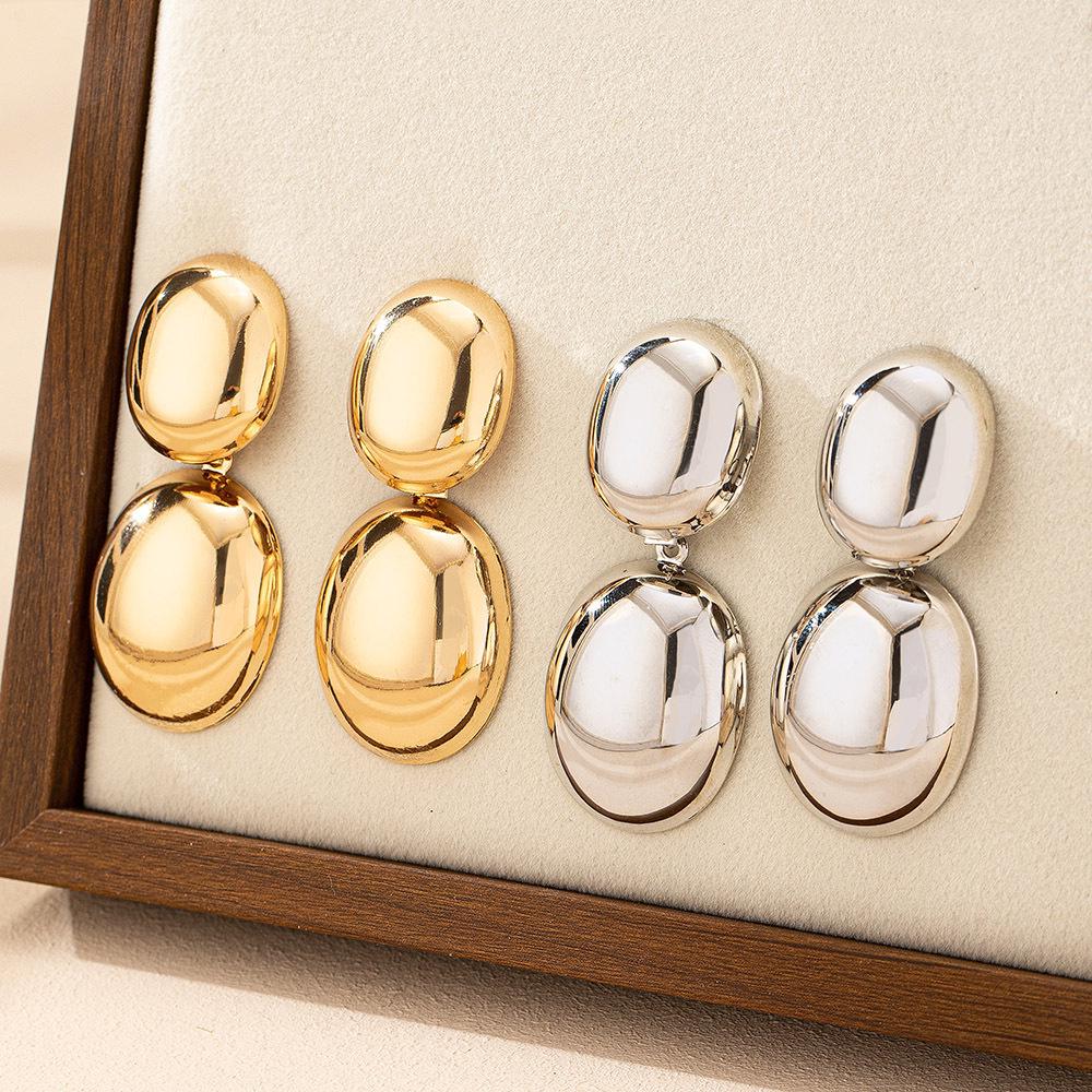 Silver Needle Exaggerated Geometric Oval Drop Earrings - Minimalist Metal Style with Light Surface Finish