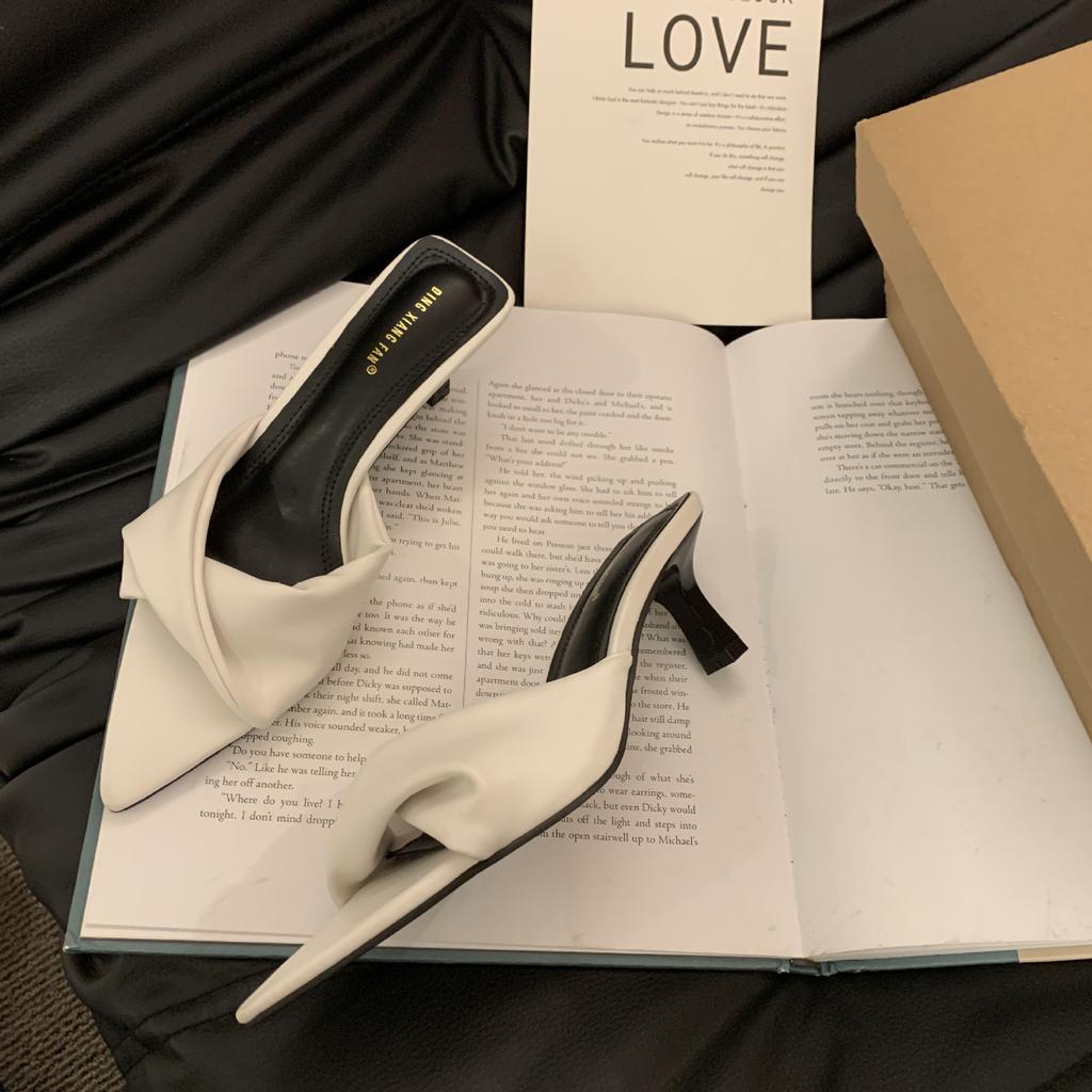 High Heels Women Spring and Summer Wear Pointed Slippers Kitten Heel Slippers Open Toe Fashion Denim Cool Slippers Women