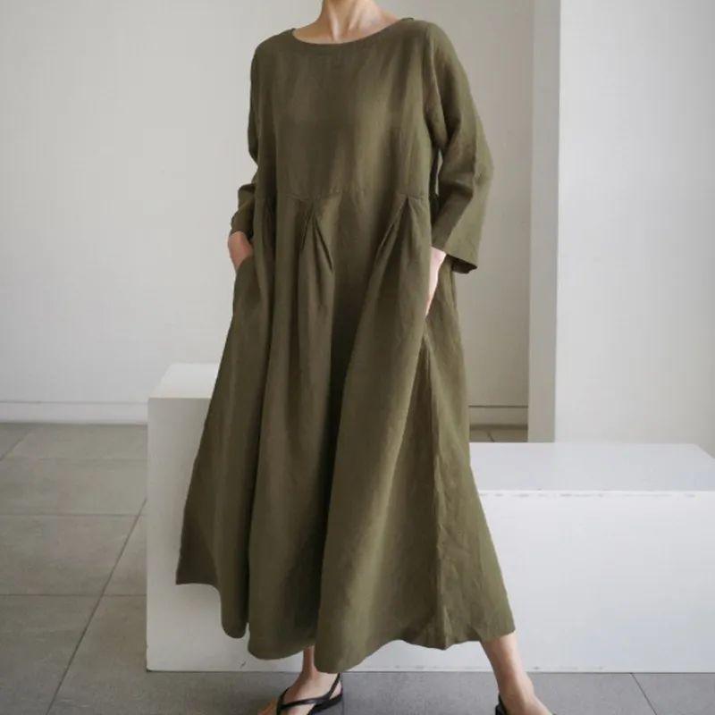 

Plus size dresses Women Chubby Girl Japan fashion Korean Style Cotton and Linen round Neck Pullover Solid over the Knee Long dress Large Swing Skirt Army Green S