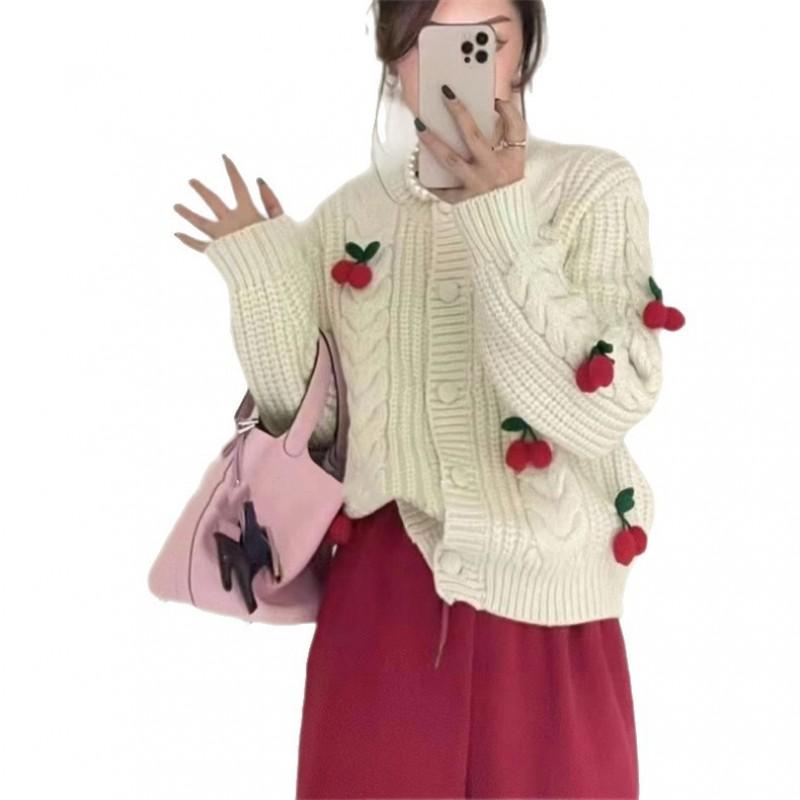 Womens Short Cropped Knit Cardigan 2026 Winter Cherry Print Sweet Loose Fit Sweater