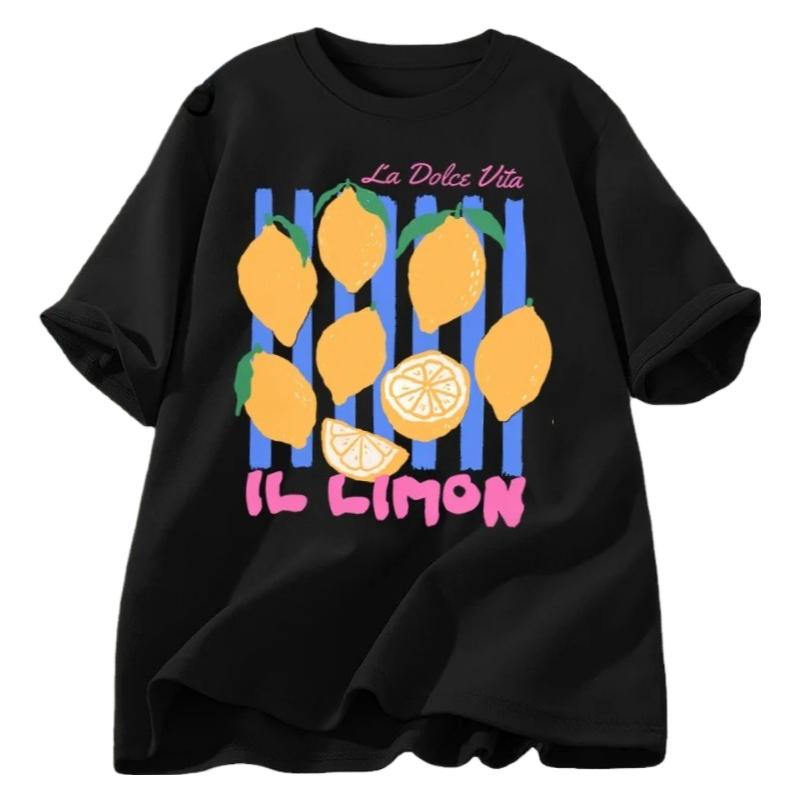 

Lemon Pattern Tshirt Italian Summer Fruit Tshirt Shortsleeved Tshirt Womens Retro Print Tshirt Aesthetic Clothing Y2K S