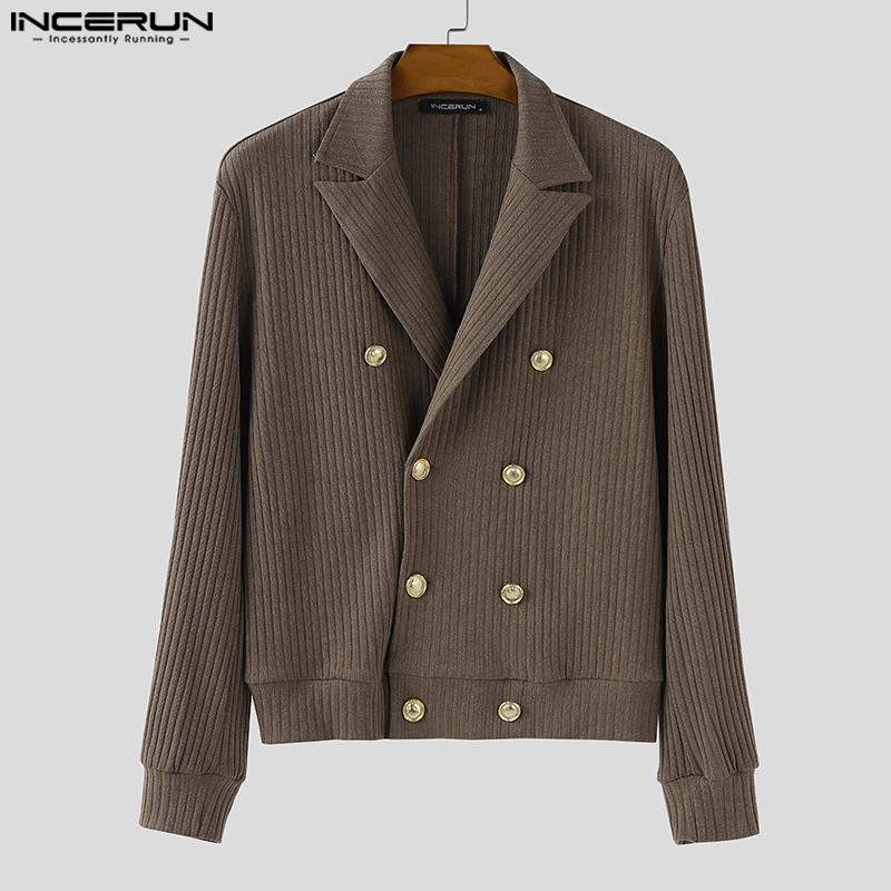 INCERUN Men Lapel Long Sleeve Double Breasted Casual Ribbed Knitted Jackets Coats