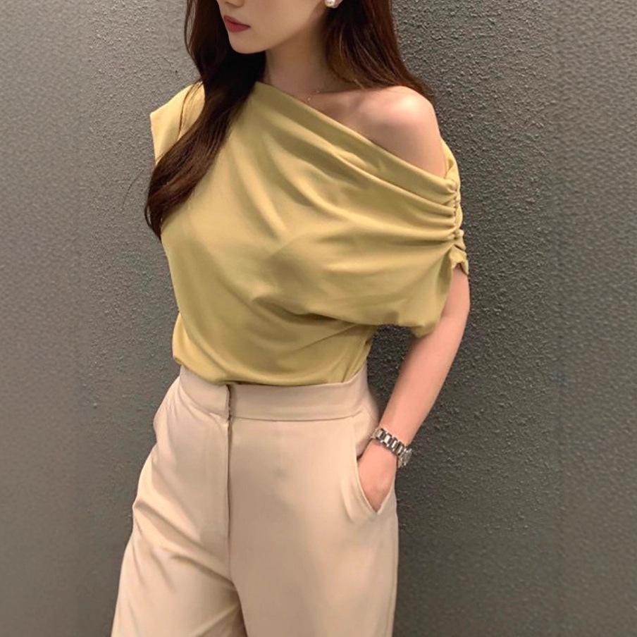 Korean Chic 2025 Summer French Irregular One-Shoulder Loose Pullover T-shirt