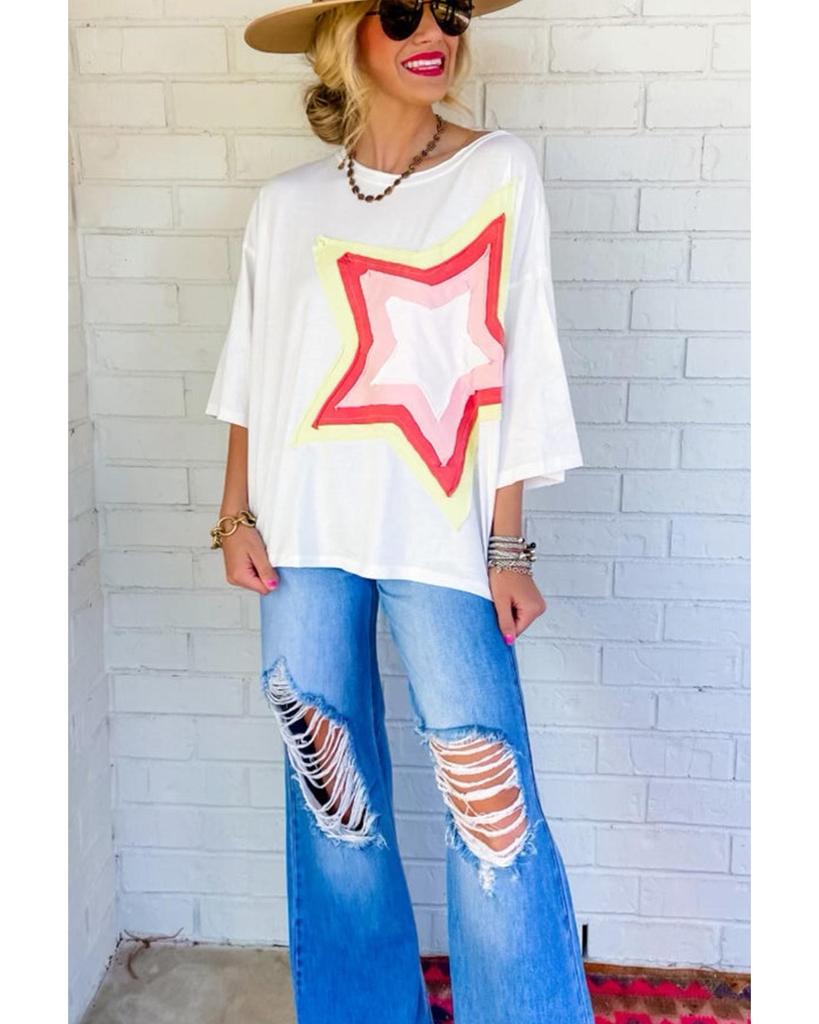 Azura Exchange White Colorblock Star Patched Half Sleeve Oversized Tee