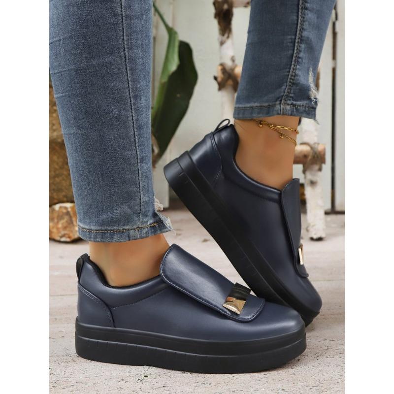 New Autumn European American Style Women's Thick Soled Solid Color Metal Flat Casual Shoes