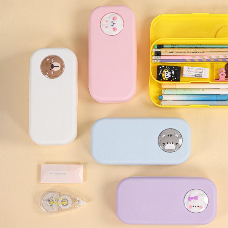 Kawaii Morandi Simple Pencil Case Student Large Capacity Double-Layer Pencil Case Cartoon Stationery Organizer School Supplies