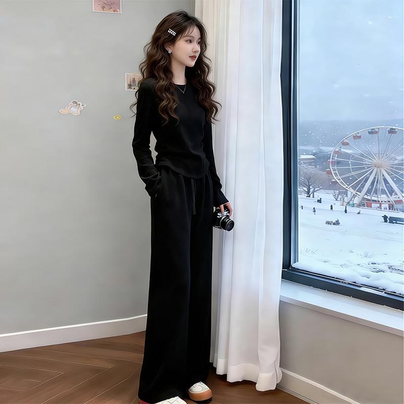 

2026 Spring Petite Women s Salt-Style Outfit: Black Casual Wide-Leg Pants Two-Piece Set S чёрный