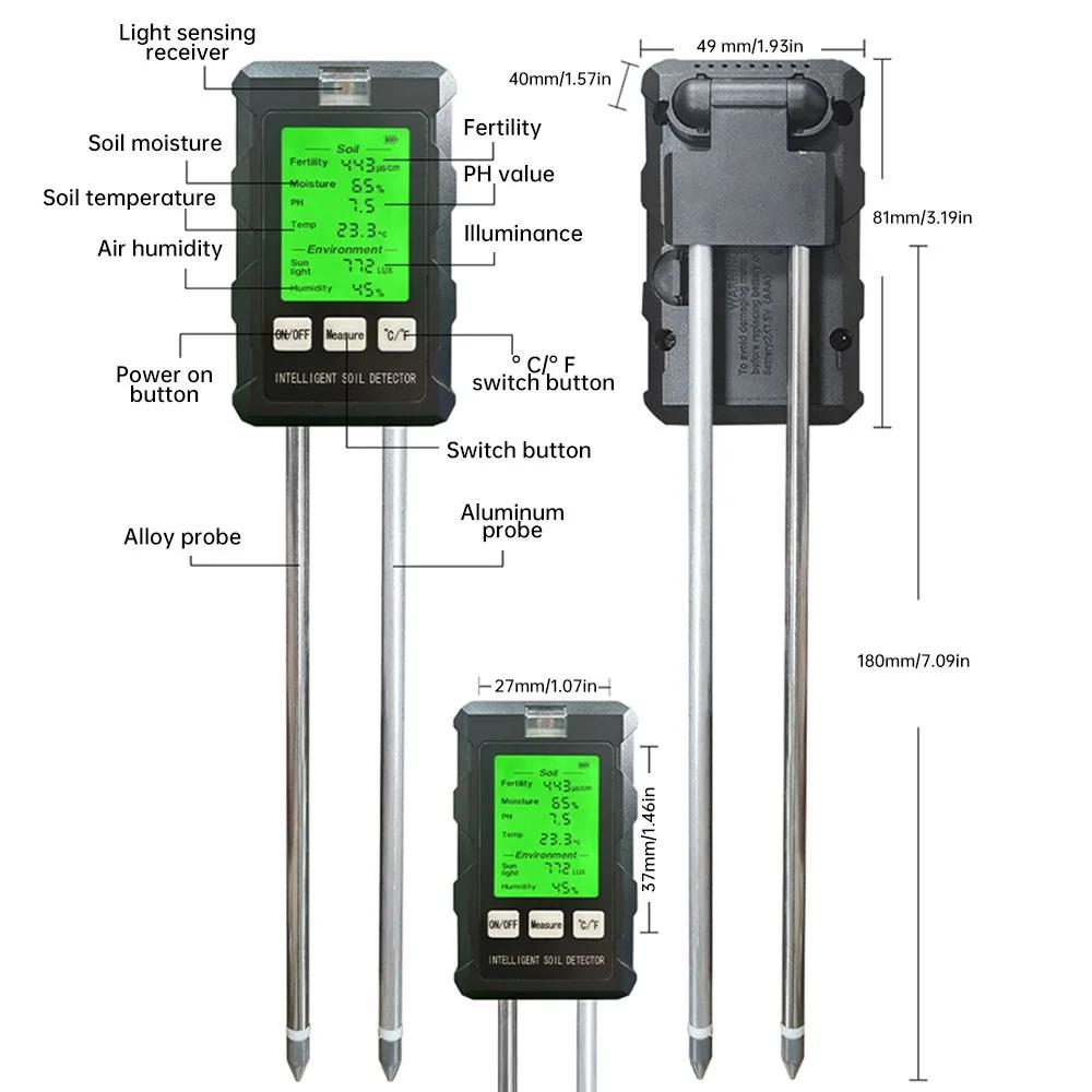 6 In 1 Soil PH Meter Sunlight Ambient Humidity Temp Soil Moisture Tester Air Moisture Nutrient Fertility Meter Gardening Tools
