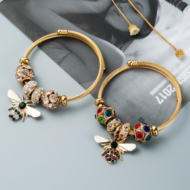 Gold Alloy Adjustable Bee Bracelet with Shiny Diamond Ball - Hot-Selling Pandora Style Jewelry