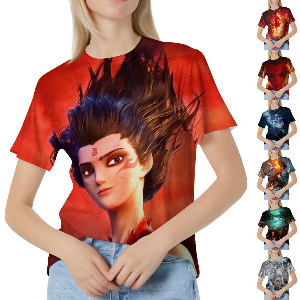 Women's Casual Loose Printed T-shirt Round Neck Pullover Short Sleeved Top