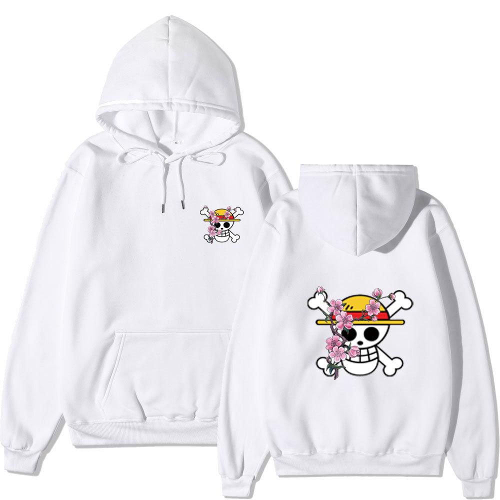 Anime One Piece Straw Hat Pirates Cherry Blossom Hoodie, Front Back Double Sided Print Pullover Sweatshirt for Men Women
