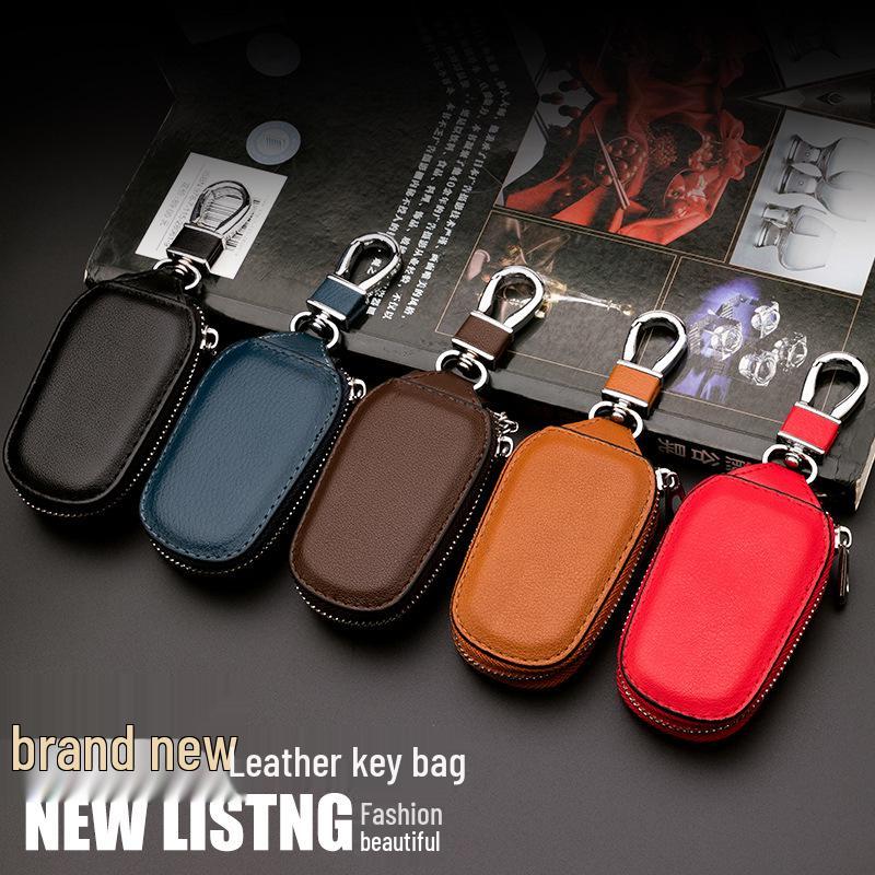 Men's Universal Cowhide Leather Car Key Case with Car Logo and Waist-Hanging Zipper