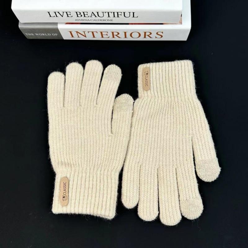 

Вязаные Теплые Перчатки для Женщин Зимой Защита от Холода Флисовая Подкладка Однотонные Простые Велосипедные Перчатки с Сенсорным Экраном бежевый