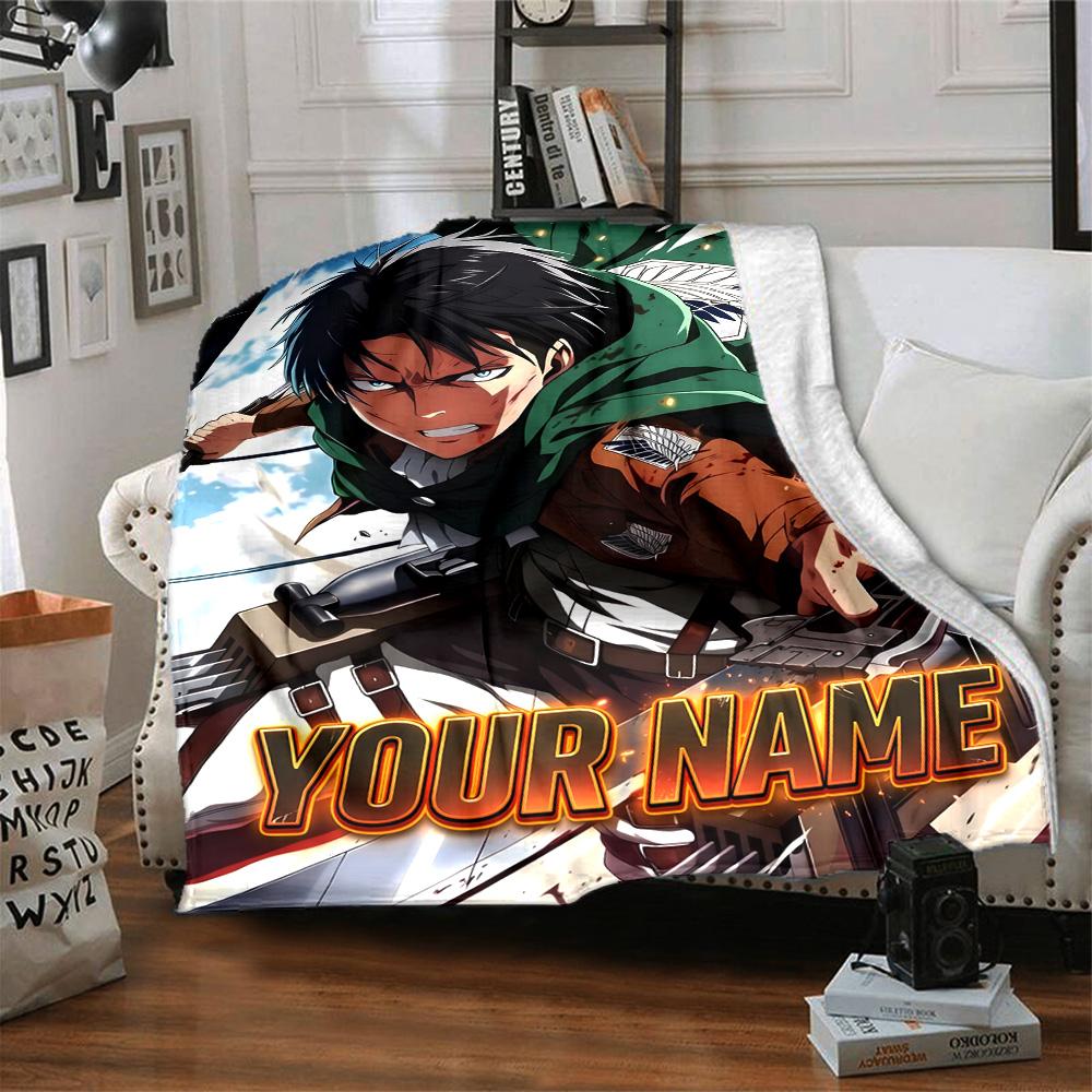 1pc Attack on Titan Blanket with Custom Name, Gift, for Men and Women, Soft Blanket, Good for Sofa Bed Couch Travel, Lightweight Flannel Blanket