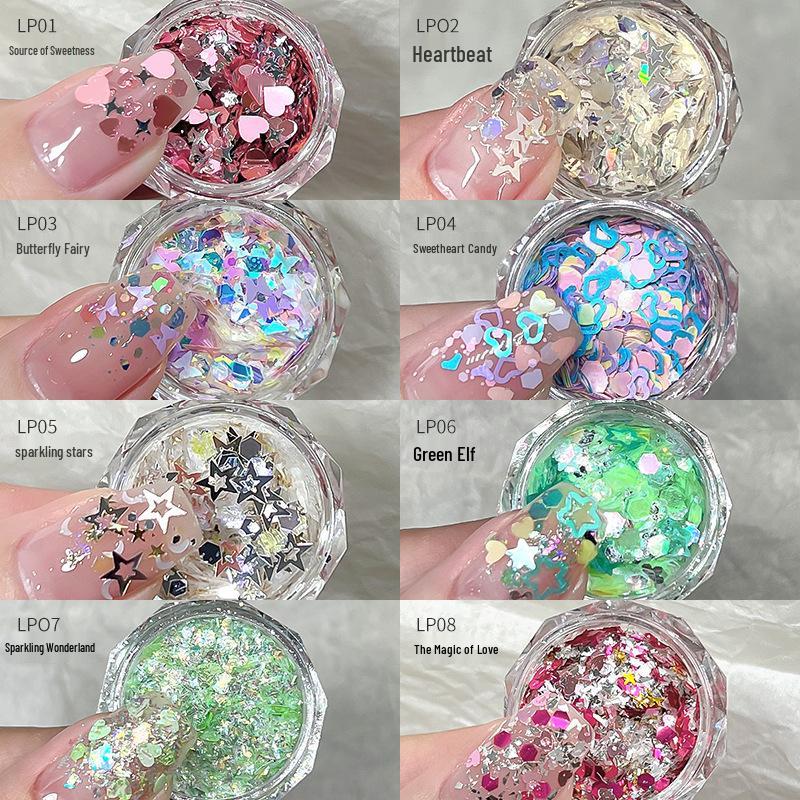 2025 Trendy Pink Glitter Nail Art: Four-Pointed Star & Heart Decorations