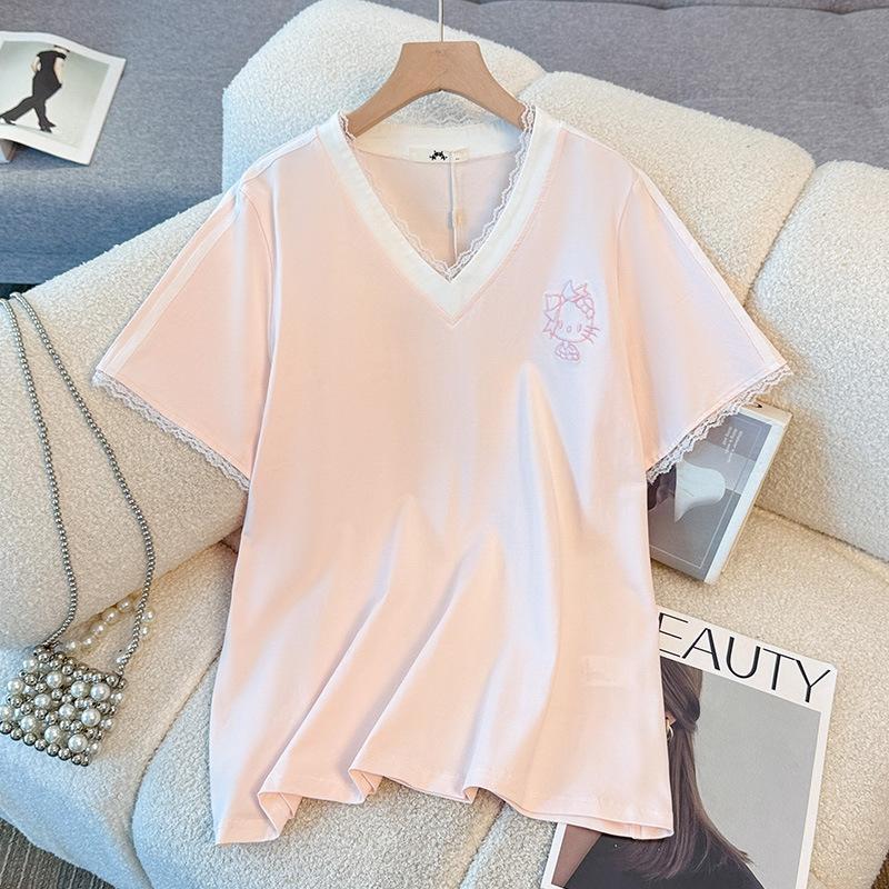 Plus-size Women's Summer New Korean-style Lace Patchwork V-neck Short-sleeved T-shirt with Cat Embroidery