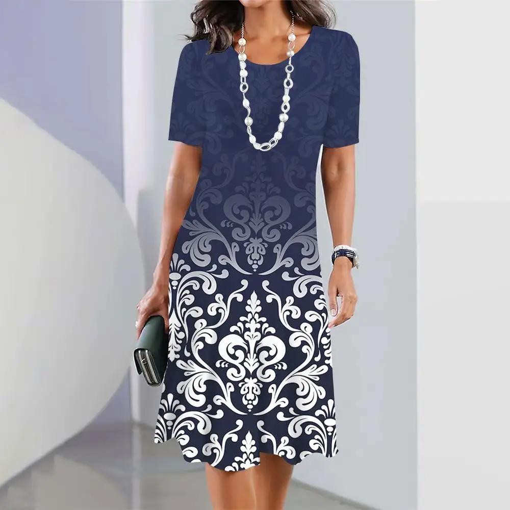 Womens Dresses 3d Gradient Geometric Printhing Dress Crushed Flower Short Sleeves Party Clothing Elegant Tops Retro A-Line Skirt