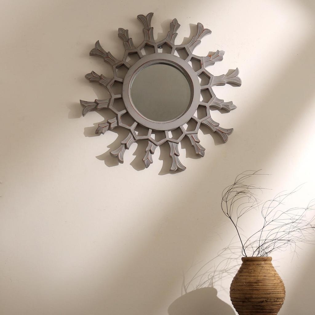 Hand-Carved Metallic Wooden Sunburst Wall Mirror - Decorative Statement Mirror for Living Room - Golden