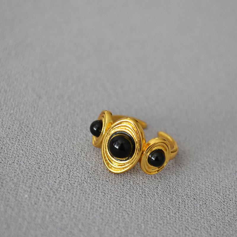 Retro European & American Brass Gold-Plated Ring with Inlaid Agate & Lapis Lazuli Stones for Women