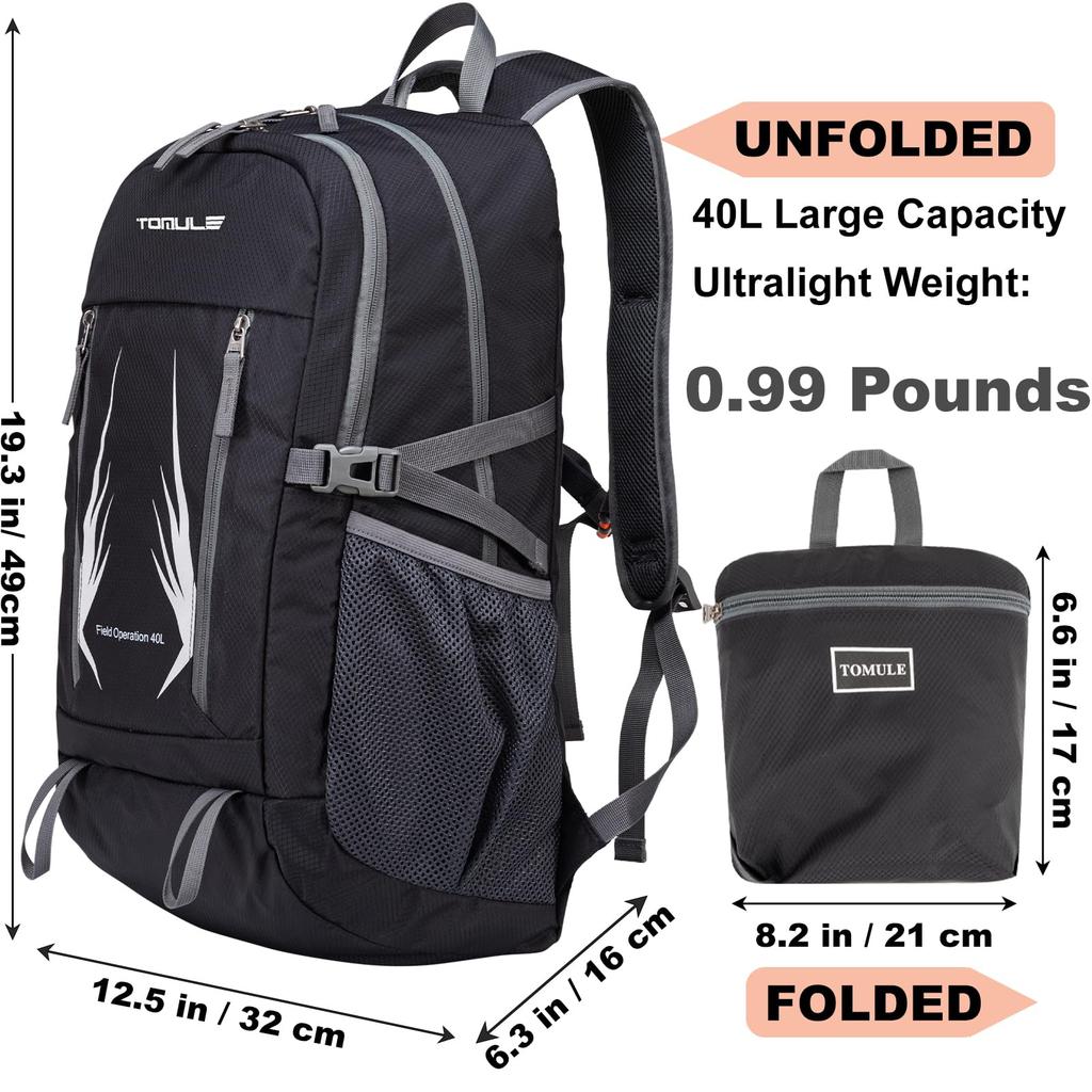 Hiking Outdoor Large Emergency Lightweight Small Backpack for Travel 40L [TOMULE] Backpack, Backpack, Foldable, Capacity, Waterproof, Backpack,