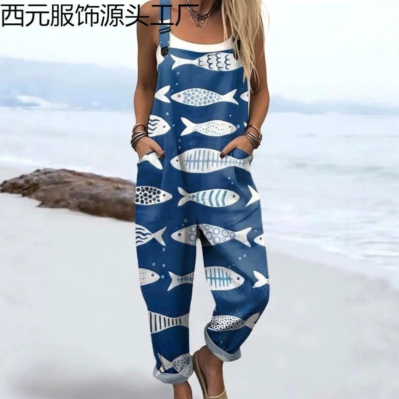 Womens Sleeveless Jumpsuit With Vintage Print Loose Fit Streetwear Style 2026