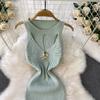 Summer Women Elegant Sleeveless Hollow Out Office Work Midi Knitted Sweater Pullover Sheath Dresses For Ladies