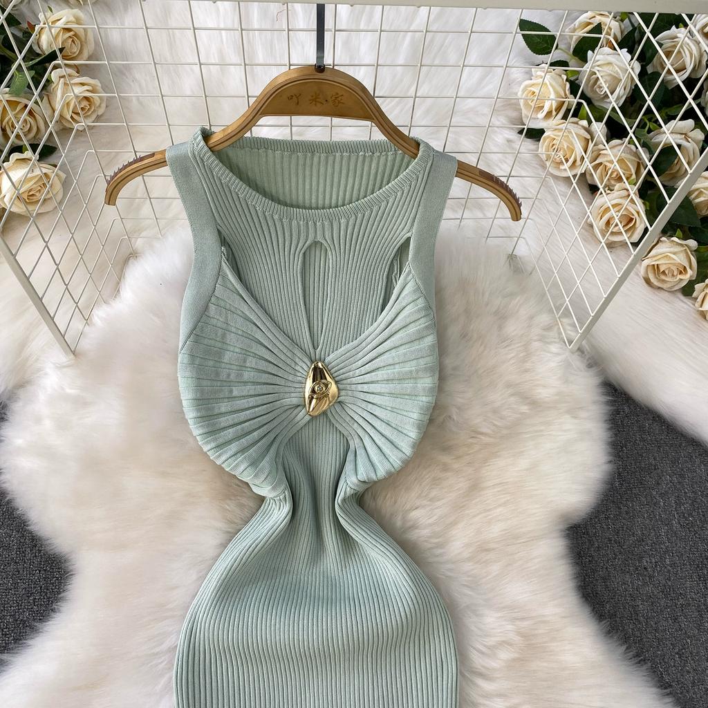 Summer Women Elegant Sleeveless Hollow Out Office Work Midi Knitted Sweater Pullover Sheath Dresses For Ladies