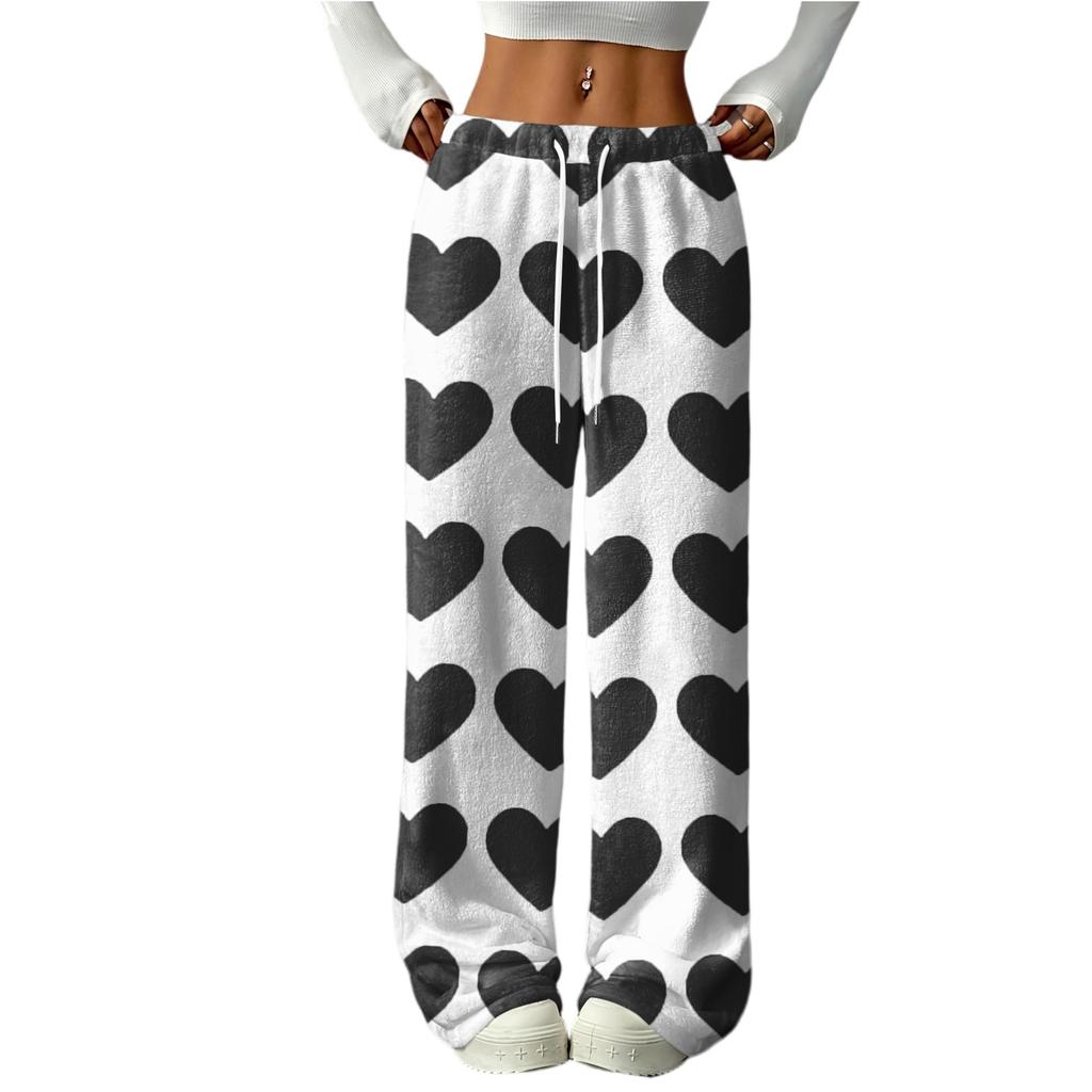 Women's Casual Fashion Printed Elastic Waist Loose Straight Leg Pants With Rope