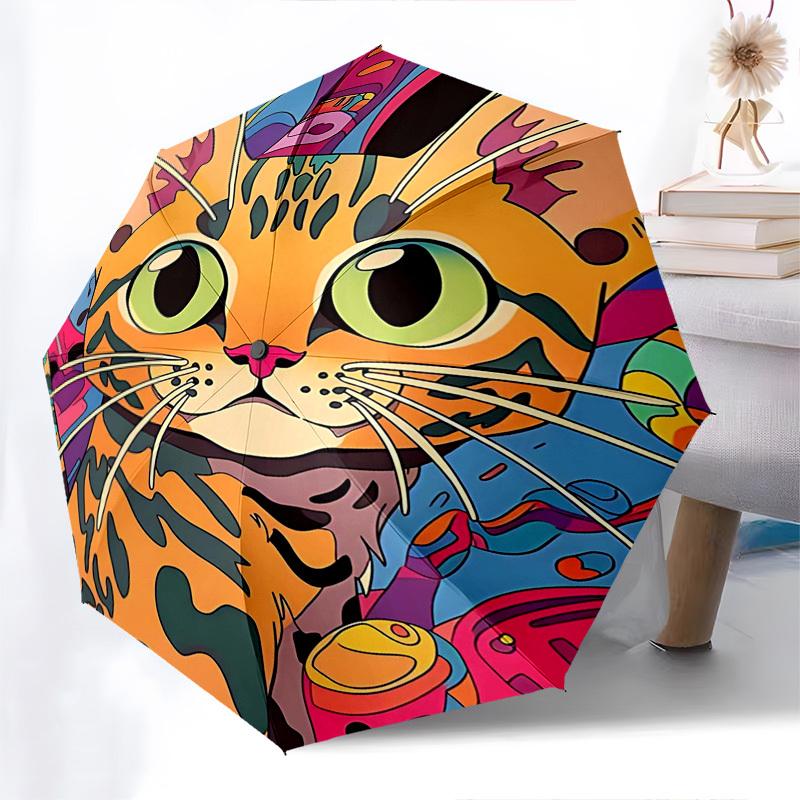 

1pc Colorful Cat Print Automatic Folding Umbrella, Portable 3-Fold Design with 8-Bone Iron Frame, Perfect for Outdoor Use, Festive Gifts, Travelers, D