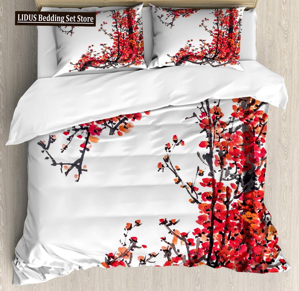 Japanese Duvet Cover Set,Branch Of A Flourishing Sakura Tree Flower Cherry Blossoms Spring Theme Art Japan Bedding Set Full Size