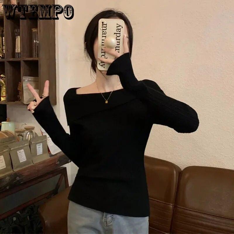 Slash Neck Knitwear Off Shoulder Top Women's Thin Bottomed Shirt Slim Long Sleeve Hotsweet Casual Commuting New Fashion
