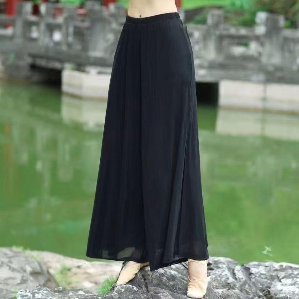 Women's Double Layer White Chiffon Dance Culottes - Wide Leg Flowy Pants for Classical Chinese Dance Practice